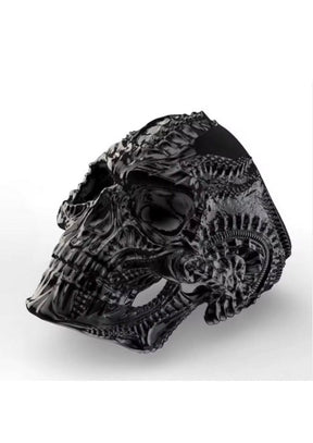 Schwarzer Totenkopfring mit aufwendigem mechanischem Design
