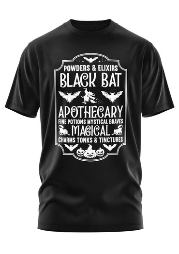 Schwarzes kurzarmshirt mit weißem gothic horror grafikdesign schwarze fledermaus apotheke mit fledermäusen kürbissen und hexen