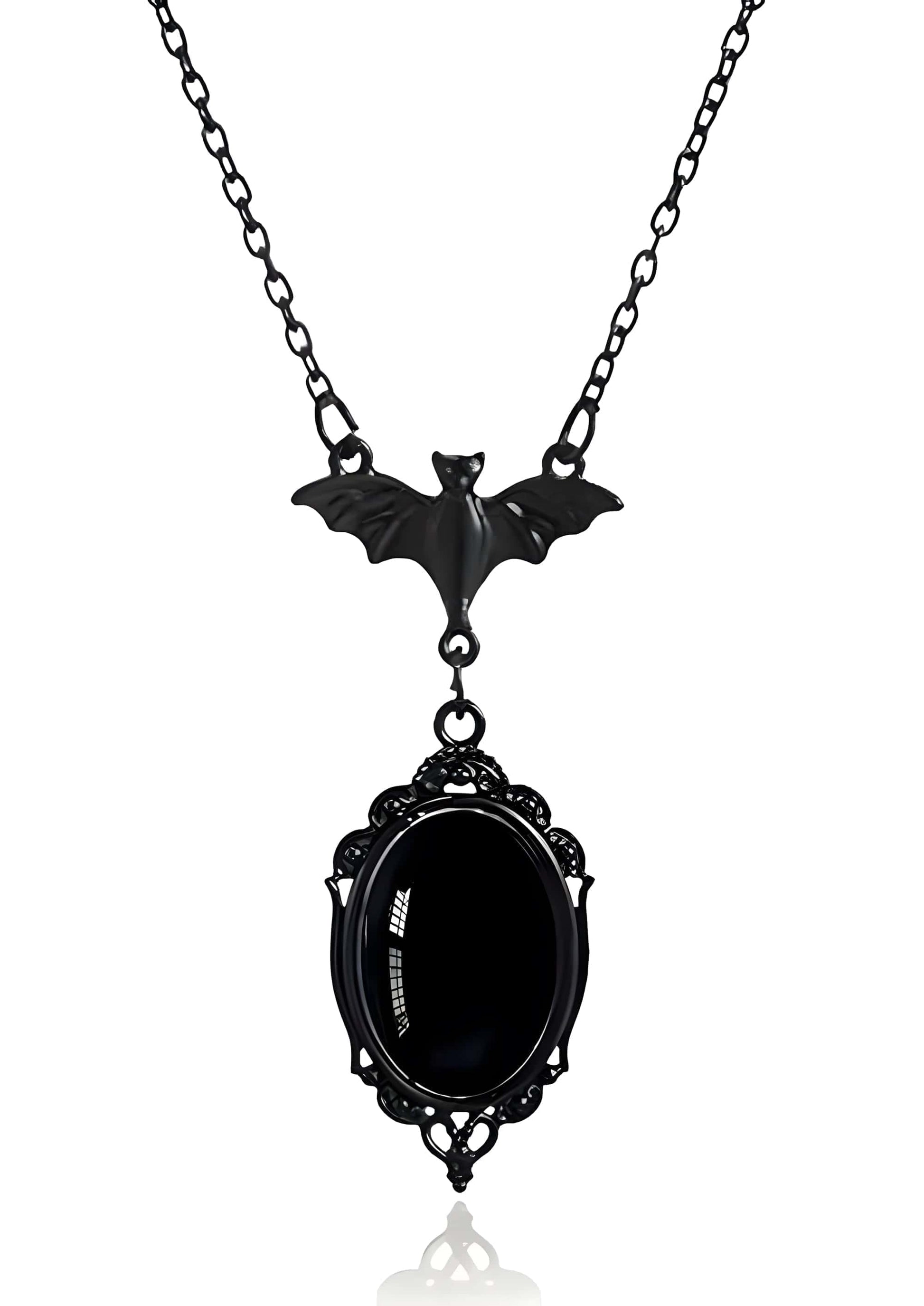 Schwarze big bat stein halskette mit gothic korkenzieher rahmen und dunklem fashion motiv