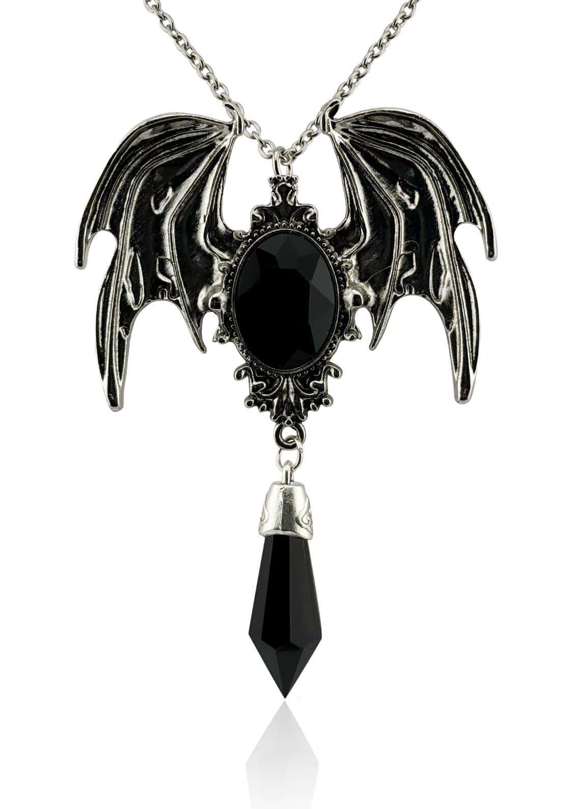 Schwarze kristallfledermaus halskette mit ovalem schwarzen stein und schwarzer kristallflügel anhänger
