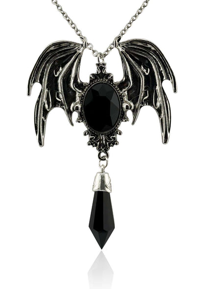 Schwarze kristallfledermaus halskette mit ovalem schwarzen stein und schwarzer kristallflügel anhänger