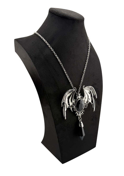 Silberne halskette mit schwarzem ovalem kristallfledermaus anhänger und kristallflügeln mit schwarzem kristallflügel