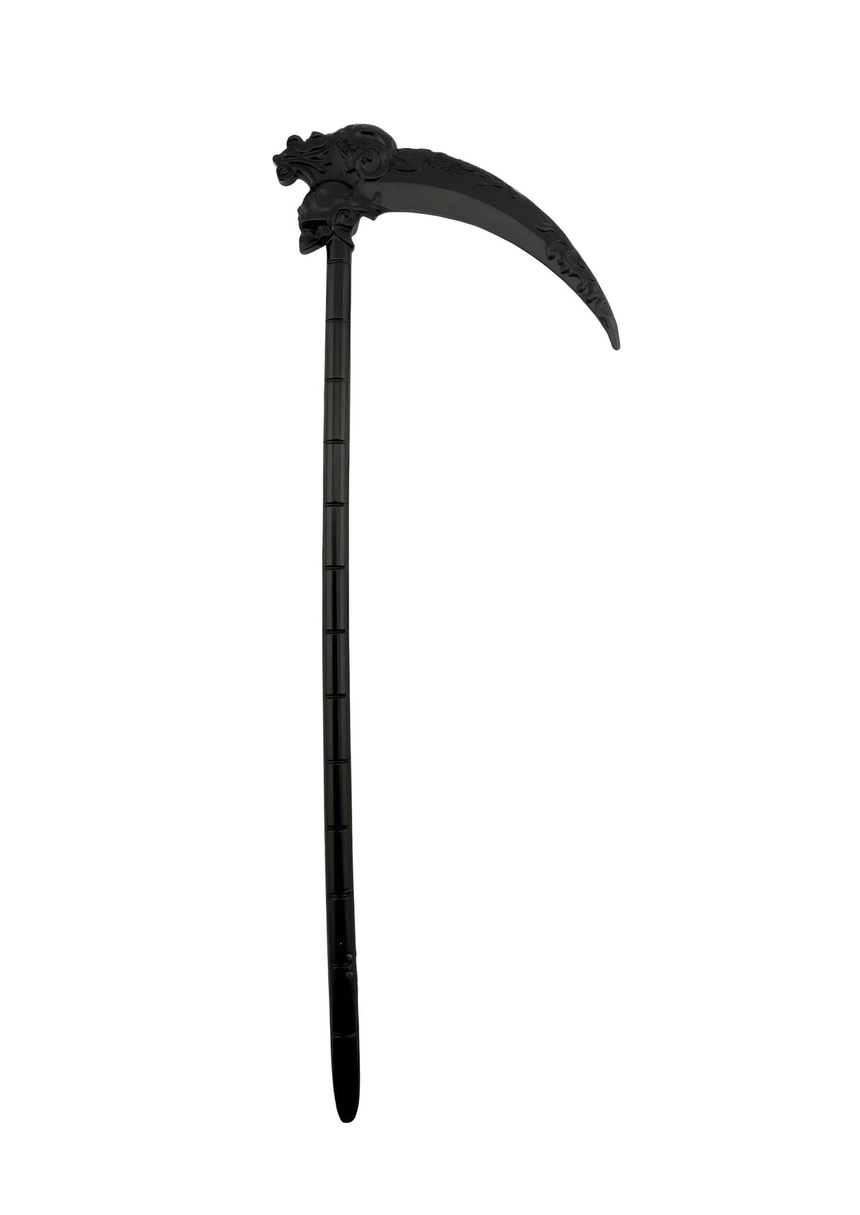 Schwarze Plastik-Sense mit Gothic-Schädelkopf und segmentiertem Griff