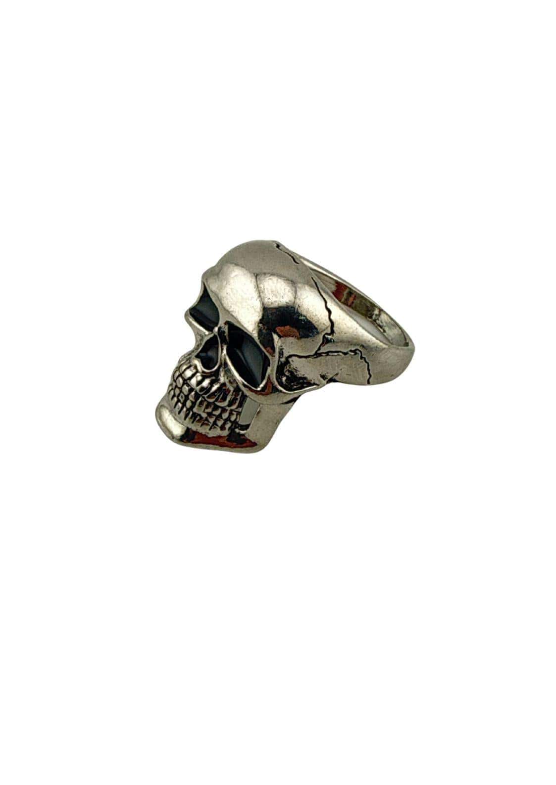 Silberner black eyed skull ring mit schwarzen augenhöhlen und texturierten zähnen markanter gothic-ring