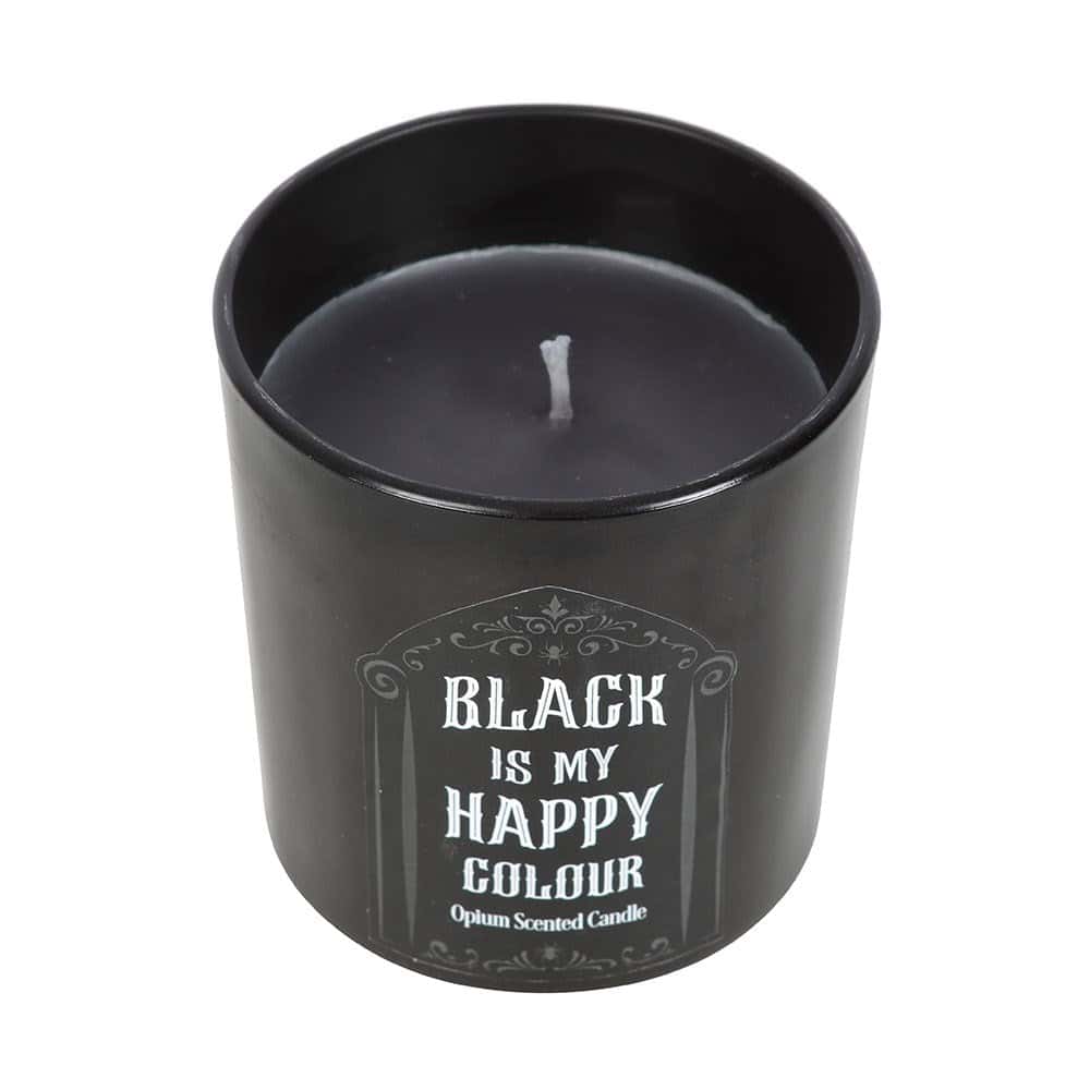 Black opium kerze in mattschwarzem zylinder mit weißer verzierter schrift für dark aesthetic und happy colour