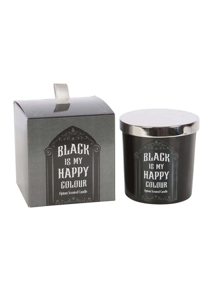 Schwarze duftkerze black is my happy colour mit silberdeckel und weißer ornamentalschrift in passender verpackung für dark aesthetic und black opium fans