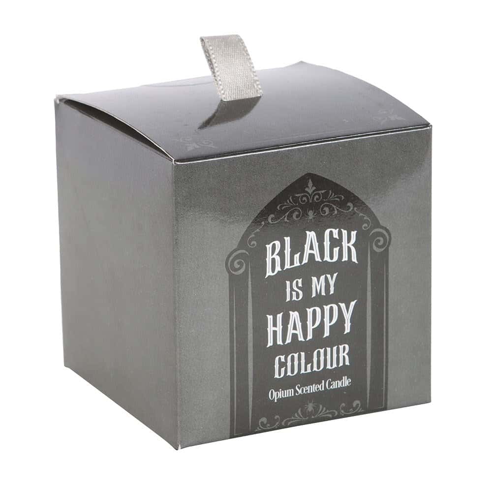 Schwarze matte kerze mit silberner schleife und verzierter weißer schrift happy colour für black opium Duft