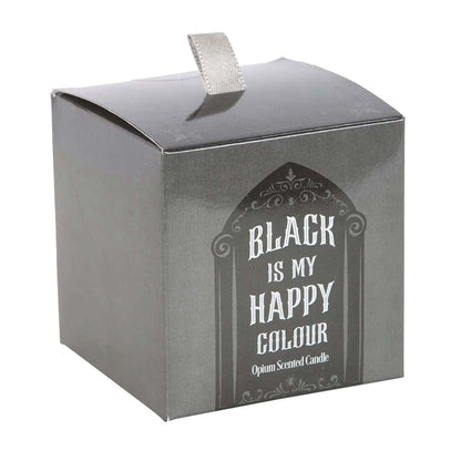 Schwarze matte kerze mit silberner schleife und verzierter weißer schrift happy colour für black opium Duft