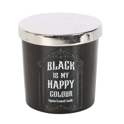 Schwarze zylindrische kerze black is my happy colour mit silberdeckel und weißem ornamentalen text von opium im dark aesthetic