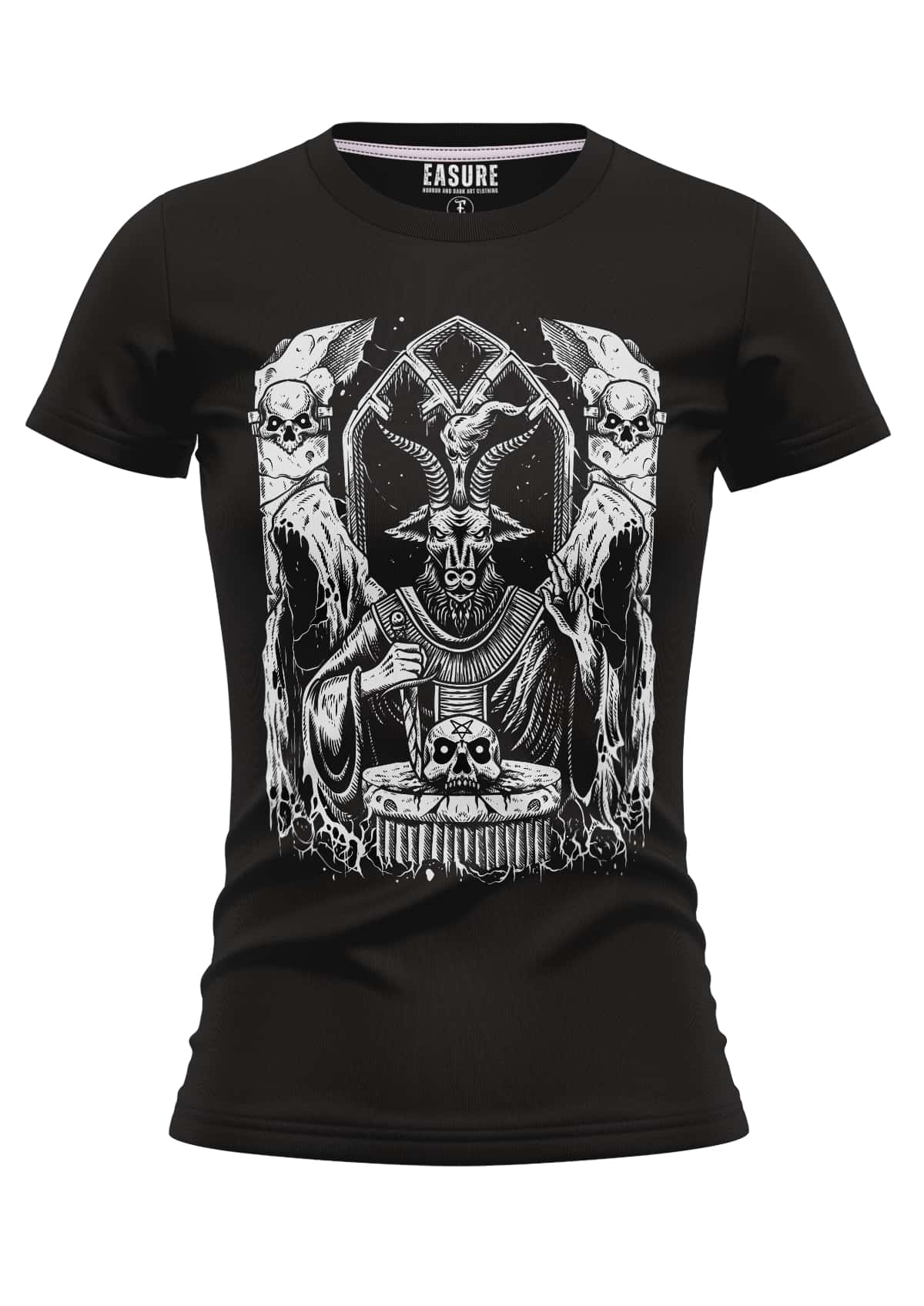Schwarzes schwarze mass girlie shirt mit detailliertem weißem baphomet gothic horror motiv und schädeln