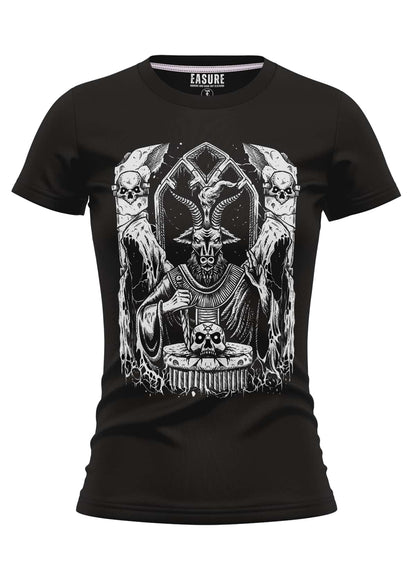 Schwarzes schwarze mass girlie shirt mit detailliertem weißem baphomet gothic horror motiv und schädeln