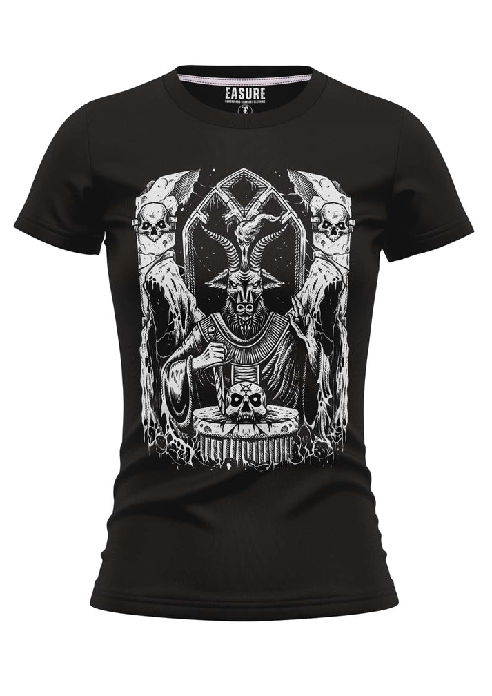 Schwarzes schwarze mass girlie shirt mit detailliertem weißem baphomet gothic horror motiv und schädeln