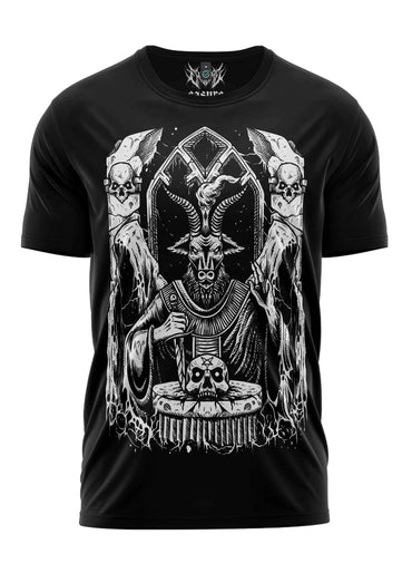 Schwarzes kurzarmshirt mit detailliertem weißen baphomet-grafikdesign im gothic horror-stil namens black mass