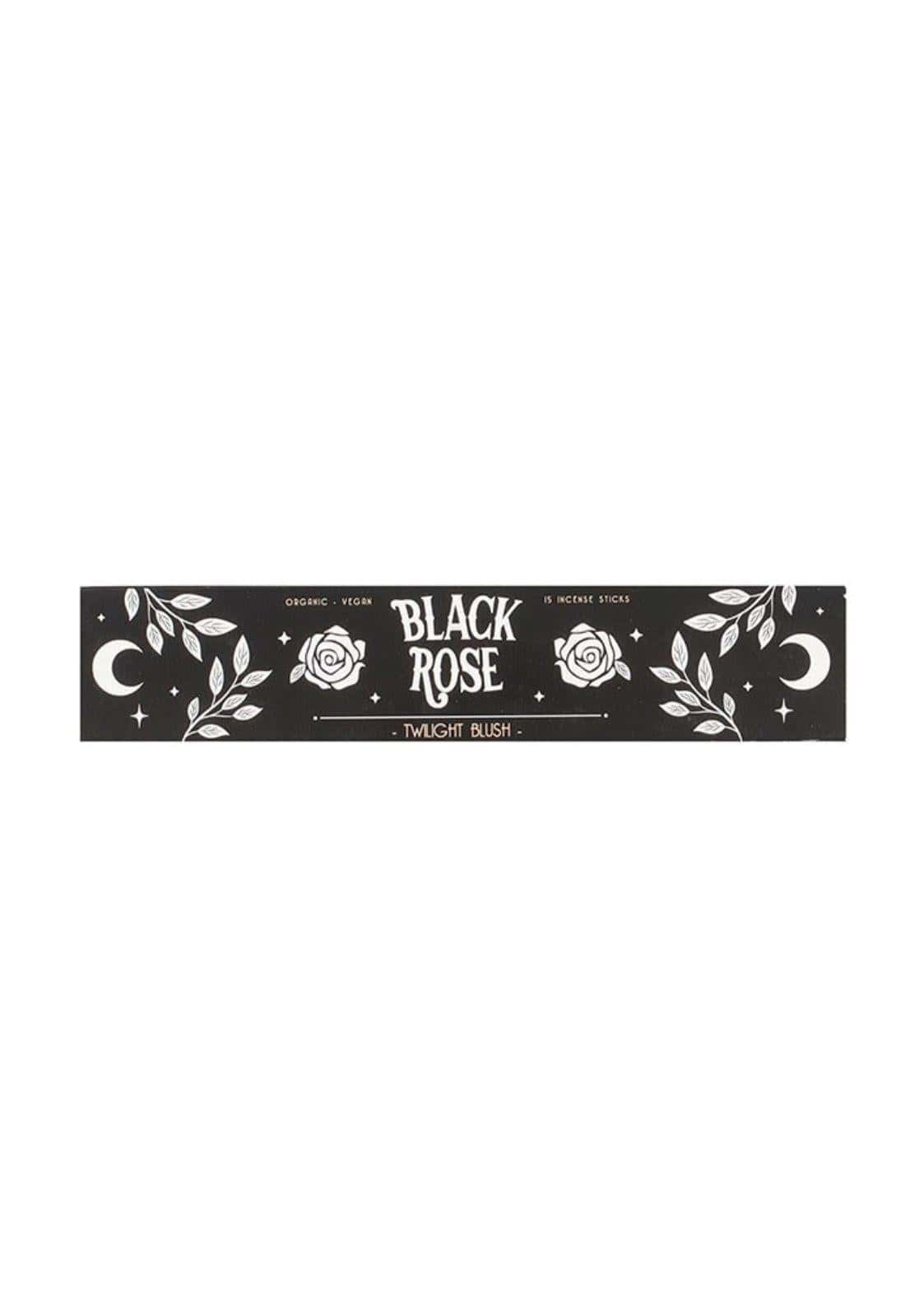 Black rose duftende räucherstäbchen in schwarzer box mit weißen blumen und mondmotiven für gothic und dark fashion
