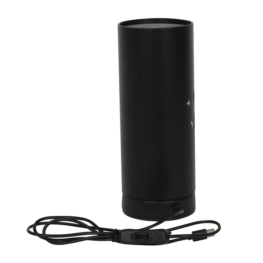Schwarze zylindrische Lampe mit Netzkabel.