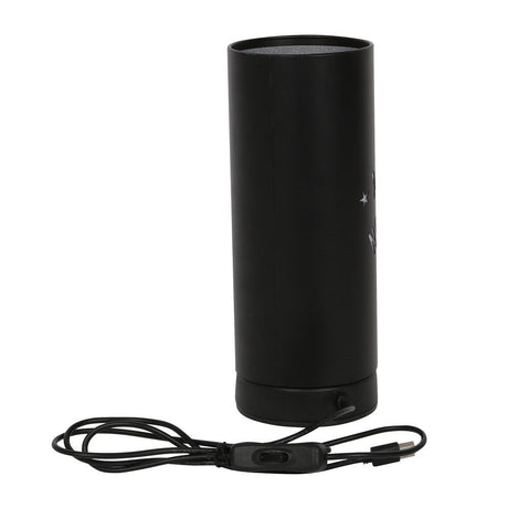 Schwarze zylindrische Lampe mit Netzkabel.