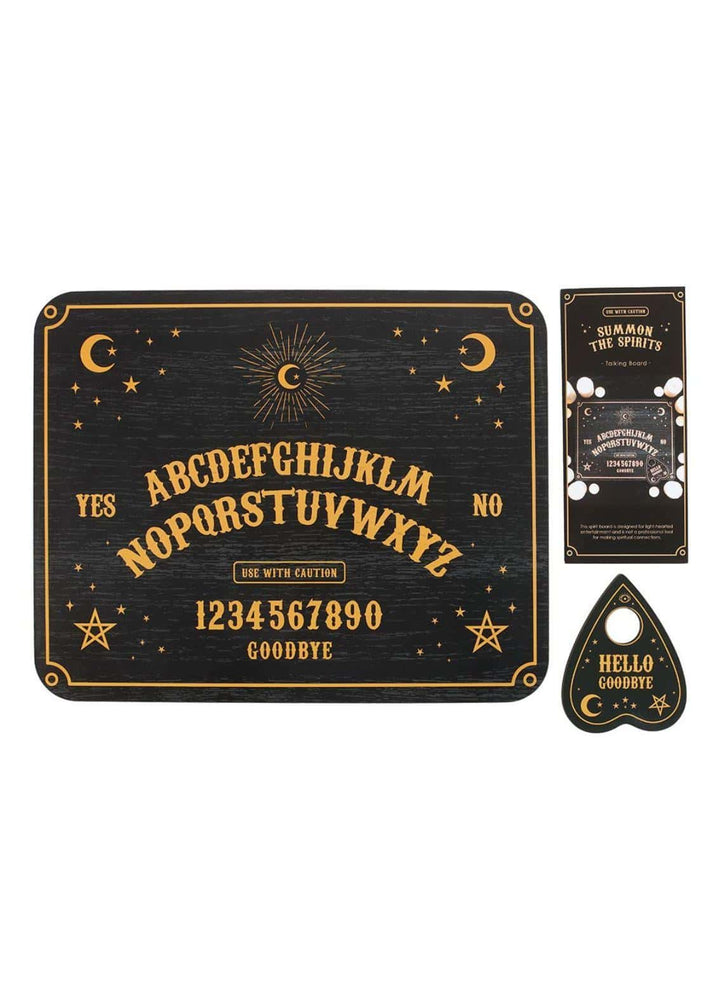 Schwarzes talking board mit planchette ouija board aus holz mit goldenen buchstaben und sternen design im gothic horror stil