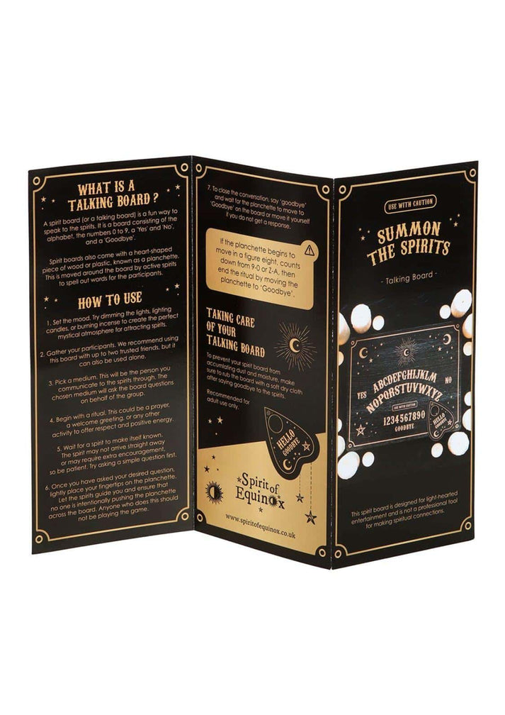 Schwarzes und goldfarbenes talking board mit planchette und celestial design von spirit of equinox für gothic horror spiel