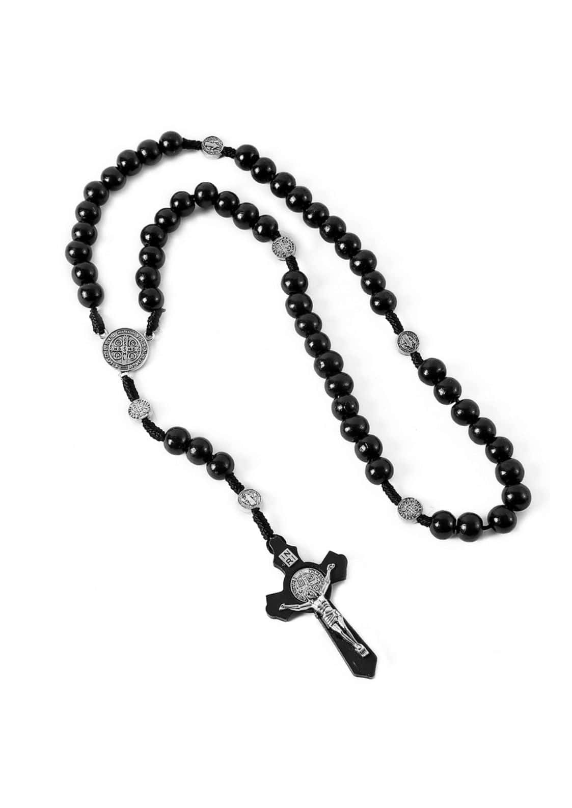 Schwarzes Perlenrosenkranz mit Silberakzenten und Kreuz.