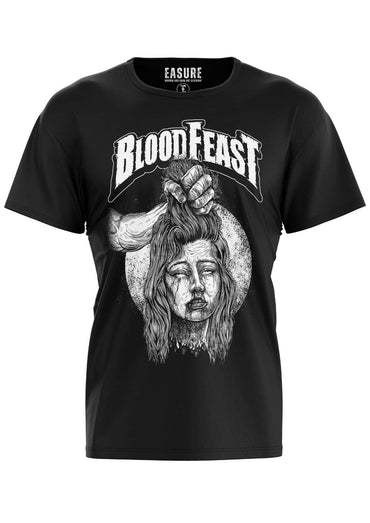 Schwarzes cotton t-shirt blood feast mit weißem gothic horror frauengesicht und hand von easure marke