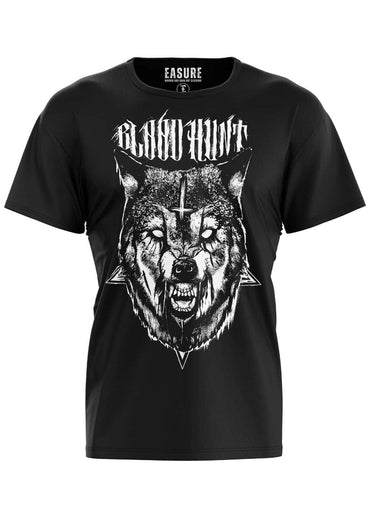 Schwarzes gothic kurzarmshirt blood hunt mit weißem wolfskopf, leuchtenden augen, kreuz und dreieckssymbolen