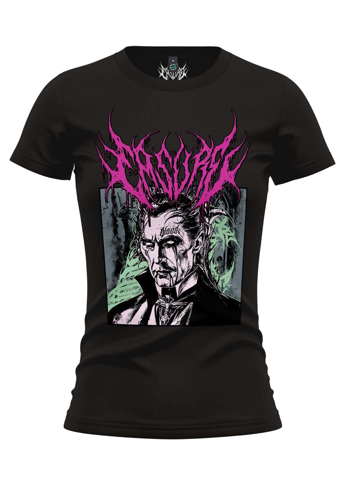 Schwarzes bloodsucker girlie shirt mit grafischem gothic vampir und pinken struppigen haaren für alternative fashion