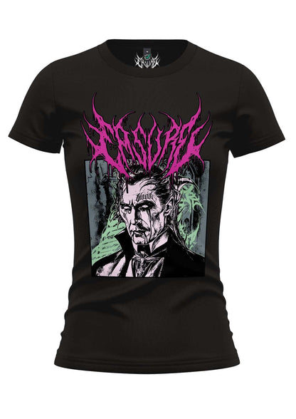 Schwarzes bloodsucker girlie shirt mit grafischem gothic vampir und pinken struppigen haaren für alternative fashion
