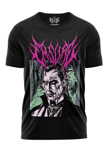 Bluttrinker shirt schwarzes gothic t shirt mit gruseligem vampir und pinkem stachelhaar und grünen akzenten