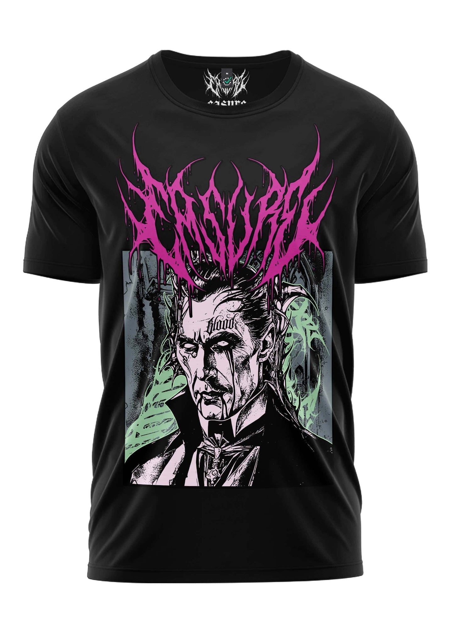 Schwarzes gothic horror shirt mit vampir grafik, pinken stachelhaaren und grünen akzenten, blutspender design