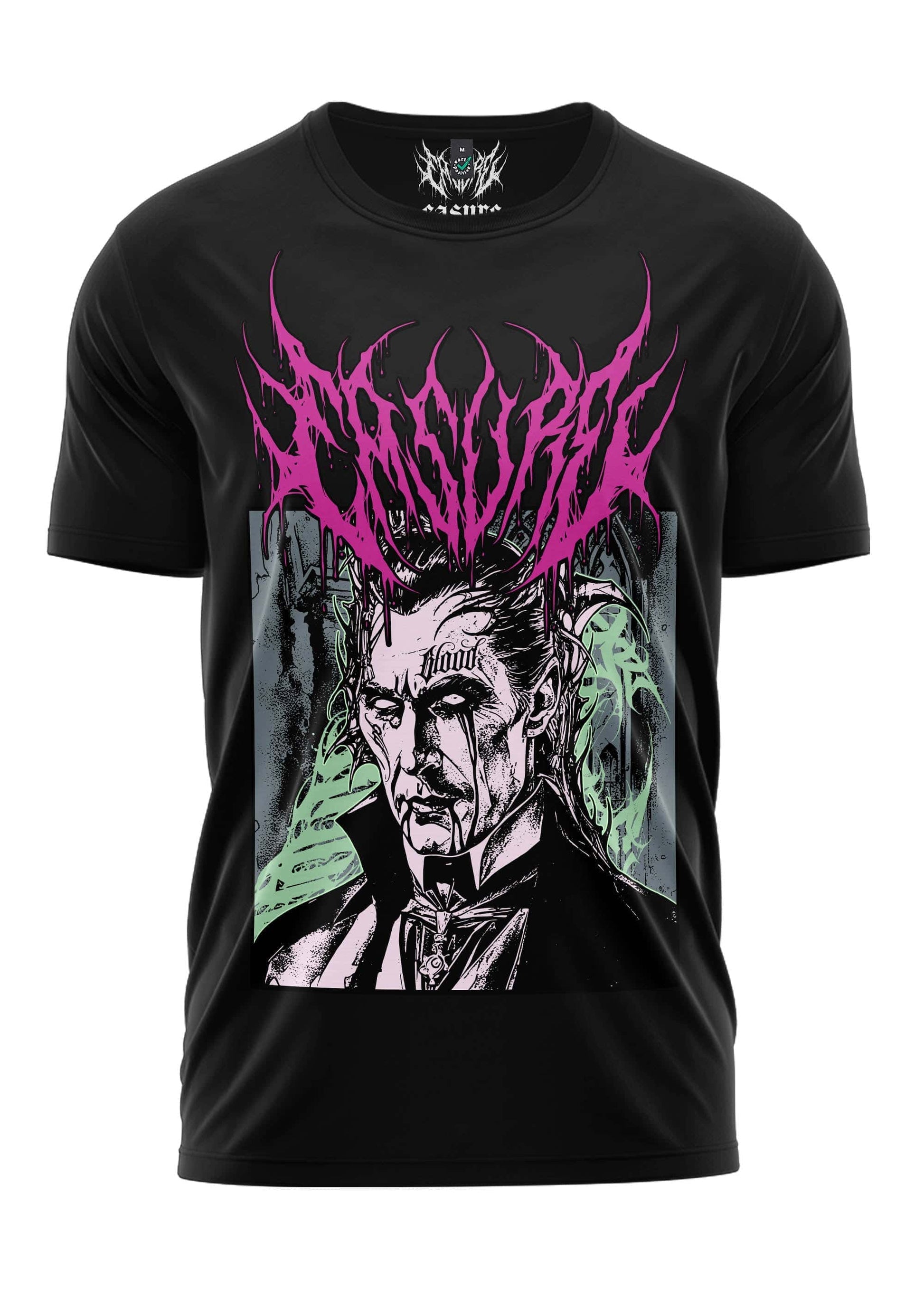 Schwarzes gothic horror shirt mit vampir grafik, pinken stachelhaaren und grünen akzenten, blutspender design