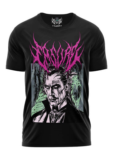 Schwarzes gothic horror shirt mit vampir grafik, pinken stachelhaaren und grünen akzenten, blutspender design