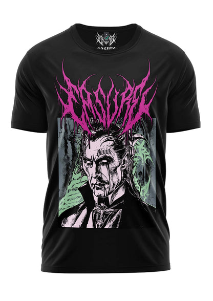 Schwarzes gothic horror shirt mit vampir grafik, pinken stachelhaaren und grünen akzenten, blutspender design