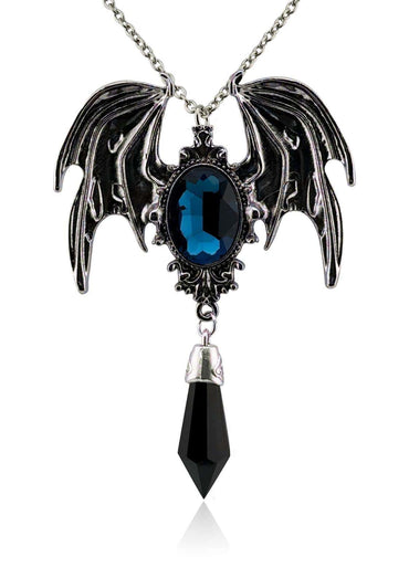 Silberne gothic halskette kristallfledermaus mit blauer ovale edelstein und schwarzem facettierten kristallkristallflügel