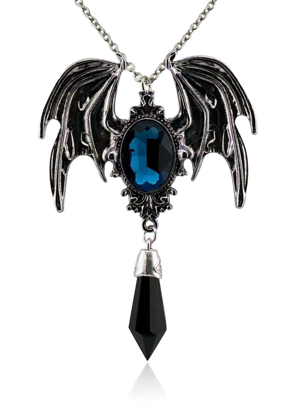 Silberne gothic halskette kristallfledermaus mit blauer ovale edelstein und schwarzem facettierten kristallkristallflügel
