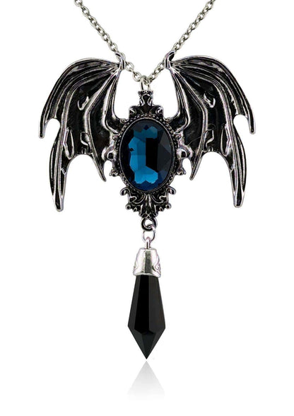Silberne gothic halskette kristallfledermaus mit blauer ovale edelstein und schwarzem facettierten kristallkristallflügel