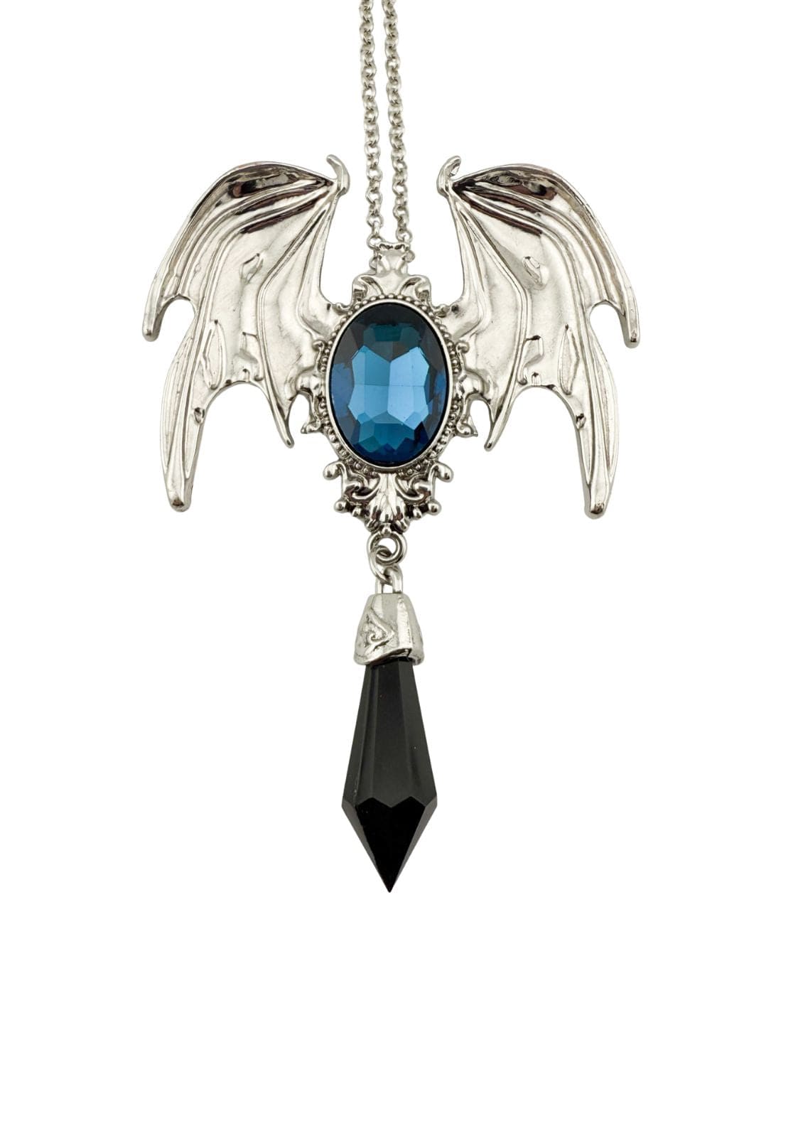 Silberne geflügelte Anhänger-Kette mit blauem Edelstein und schwarzem Tropfen.