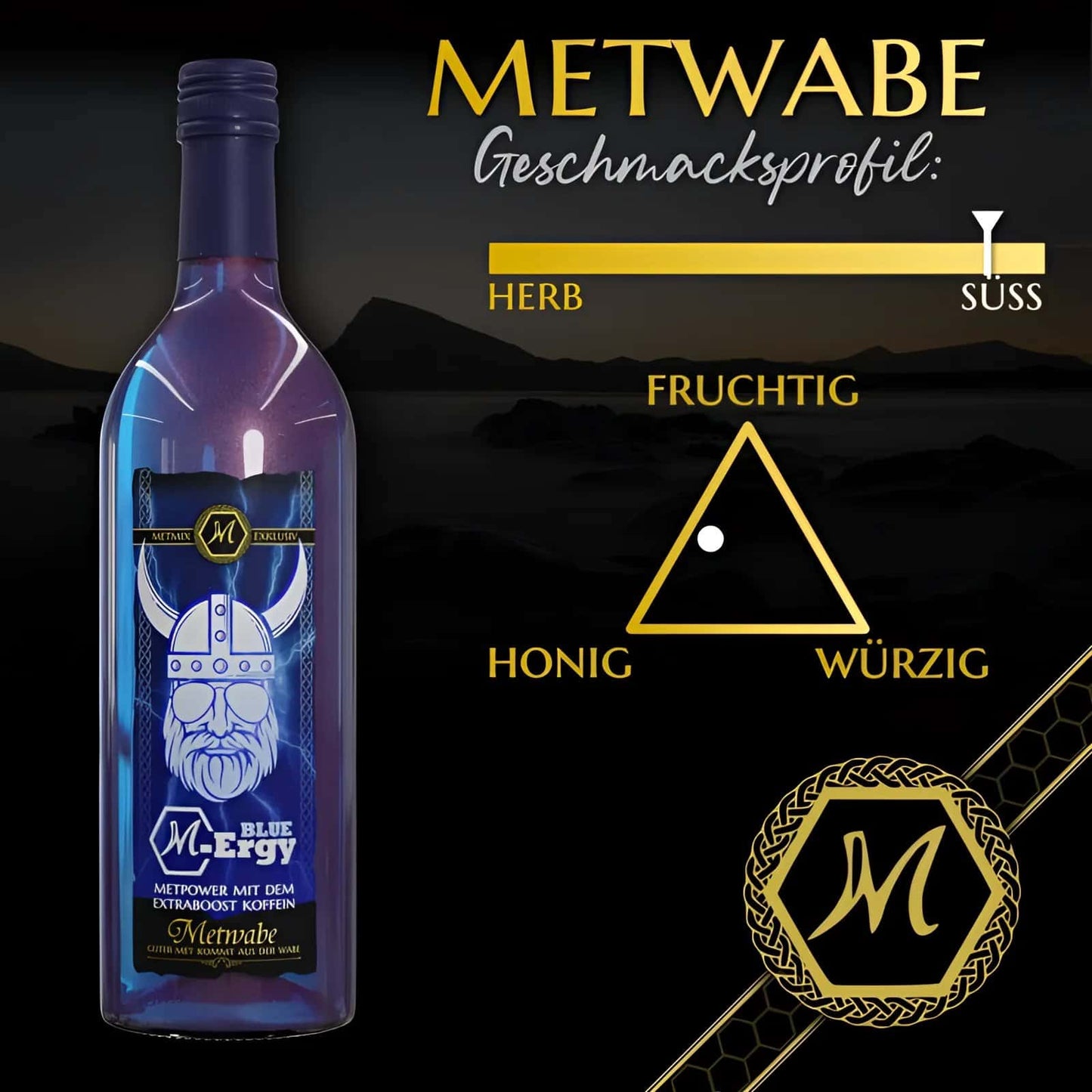 Ein transluzenter blauer glasflasche viking helmet label dark purple cap gothic horror höher schlagen met mit koffein 0 75l 10%vol