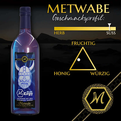 Ein transluzenter blauer glasflasche viking helmet label dark purple cap gothic horror höher schlagen met mit koffein 0 75l 10%vol
