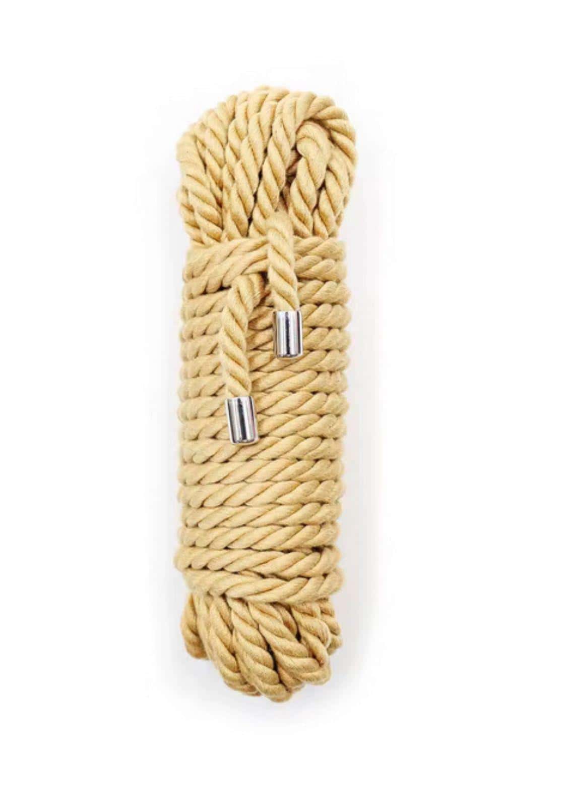 Beige bondage seil mit geflochtenem muster und silbernen metallenden 5 meter für gothic und horror kleidung
