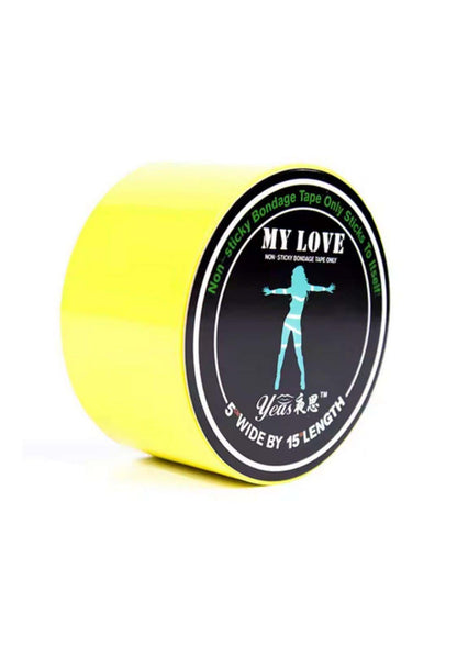 Gelbes bondage tape mit my love aufdruck und teal silhouette design für gothic kleidung und horror styles
