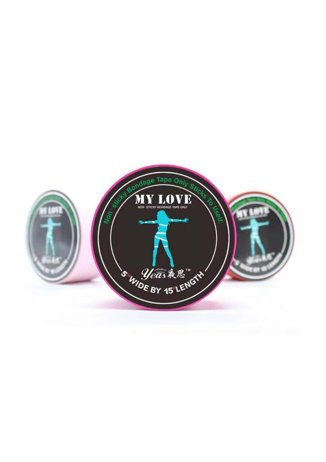 Pink zylindrischer behälter mit my love nicht klebendem bondage tape und schwarzem etikett für gothic kleidung