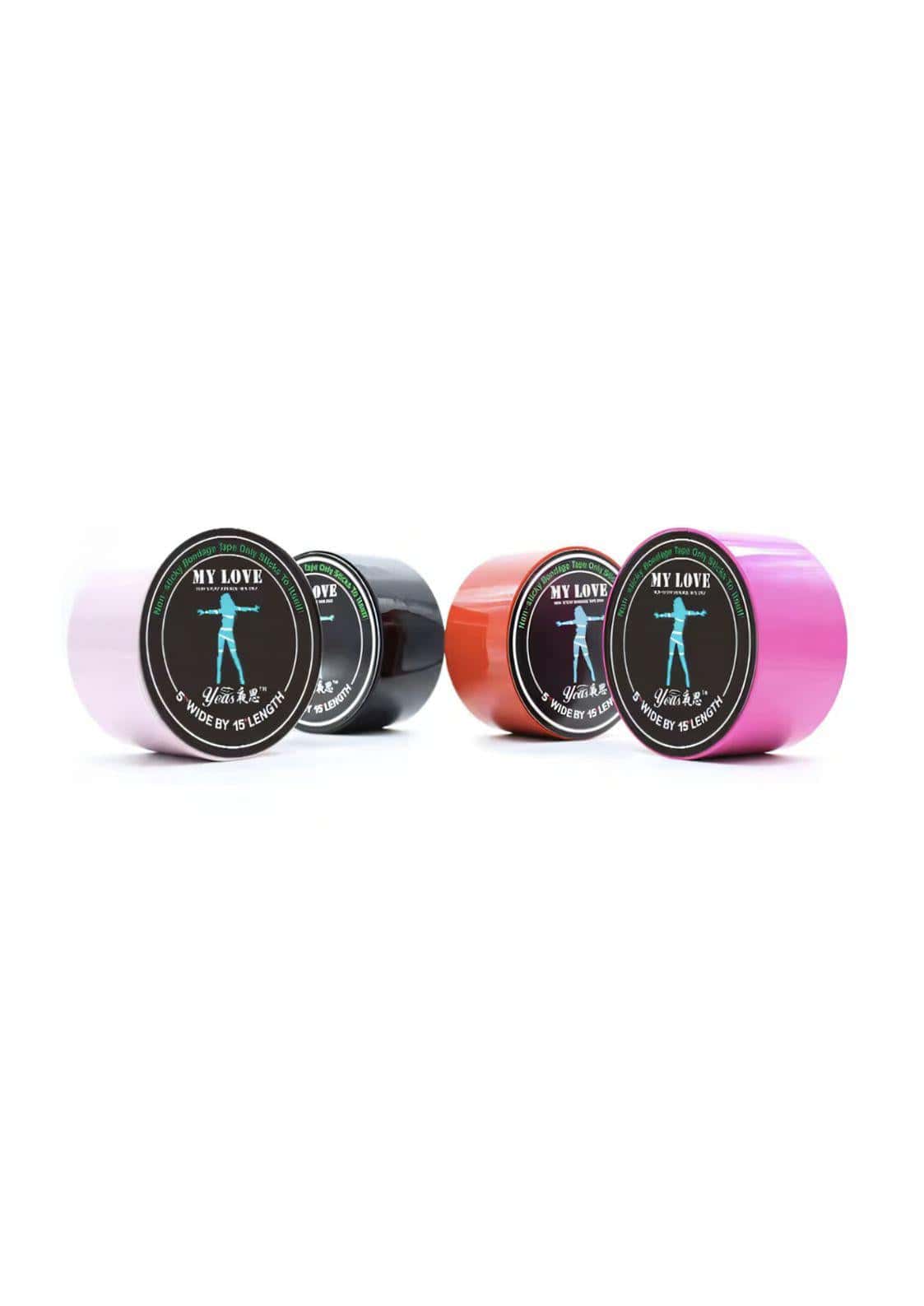 Bondage tape pink in pink, schwarz und orange mit glänzender oberfläche und my love etiketten für gothic kleidung