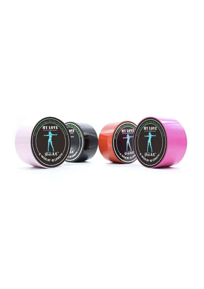 Bondage tape pink in pink, schwarz und orange mit glänzender oberfläche und my love etiketten für gothic kleidung