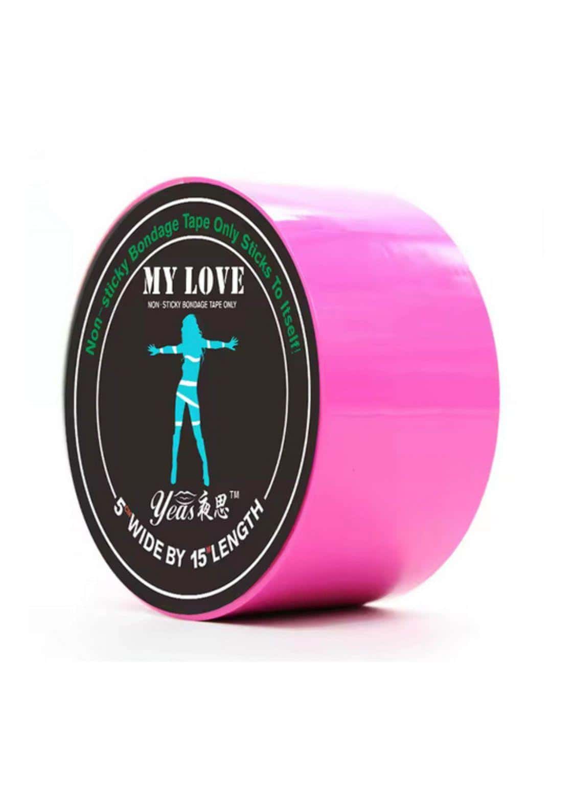 Ein pinkes bondage tape aus silikon mit my love etikett und figur für gothic kleidung und horror stile