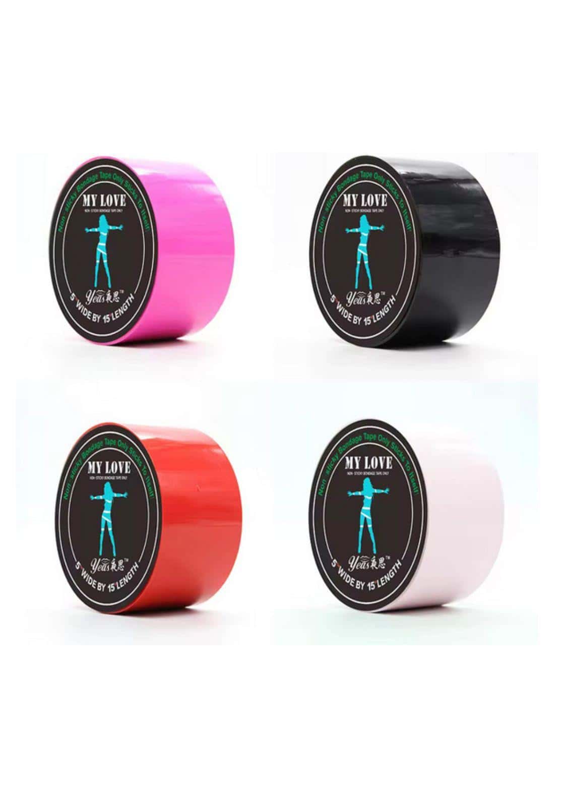 Vier rollen bondage tape in pink, schwarz, rot und weiß, glänzend mit my love branding, ideal für gothic kleidung und horror looks