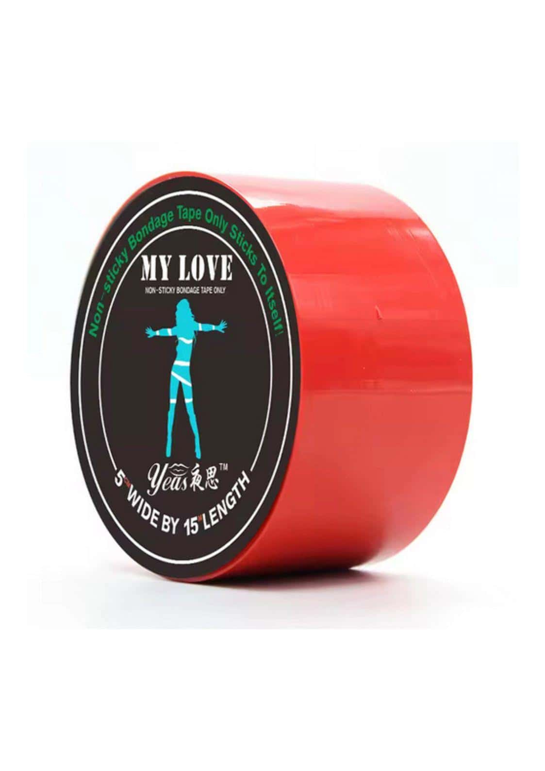 Roter bondage tape mit my love etikett und teal silhouette design für gothic und dark fashion bondage nutzen