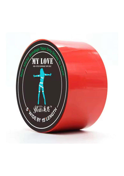 Roter bondage tape mit my love etikett und teal silhouette design für gothic und dark fashion bondage nutzen