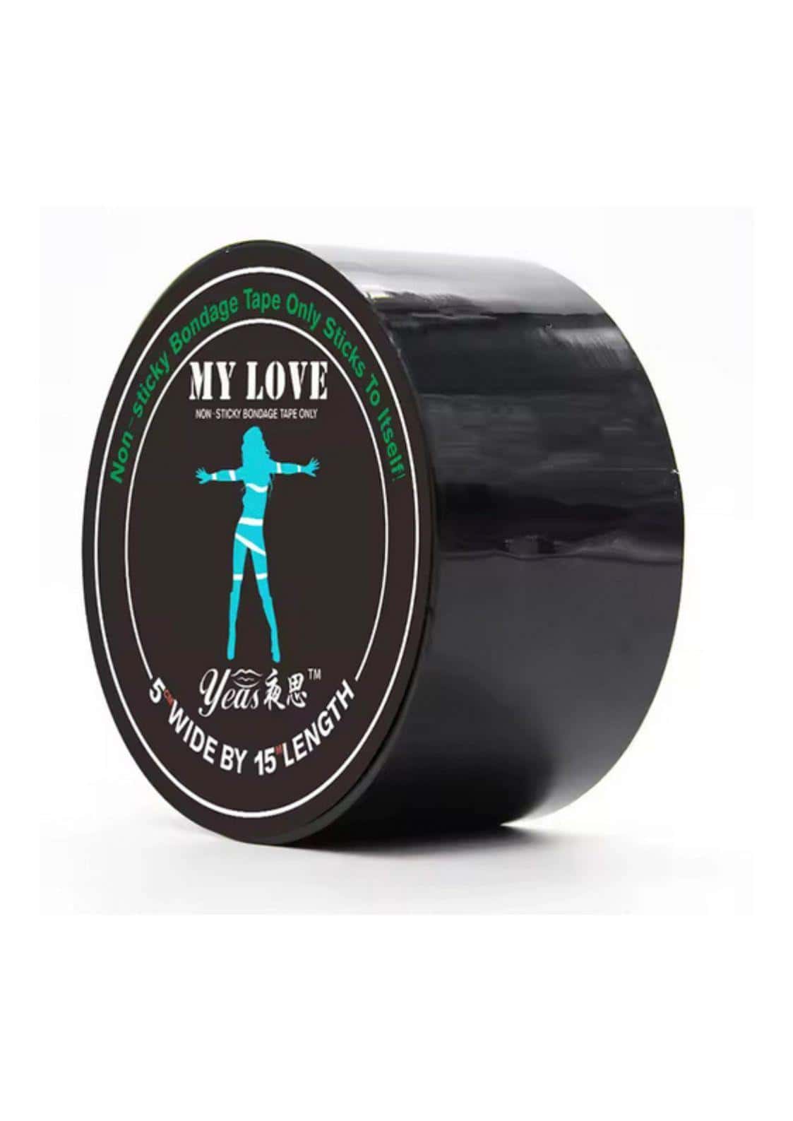 Bondage tape schwarz 5 zoll breit 15 fuß lang mit my love marke und teal silhouettenlabel ideal für gothic und dark fashion