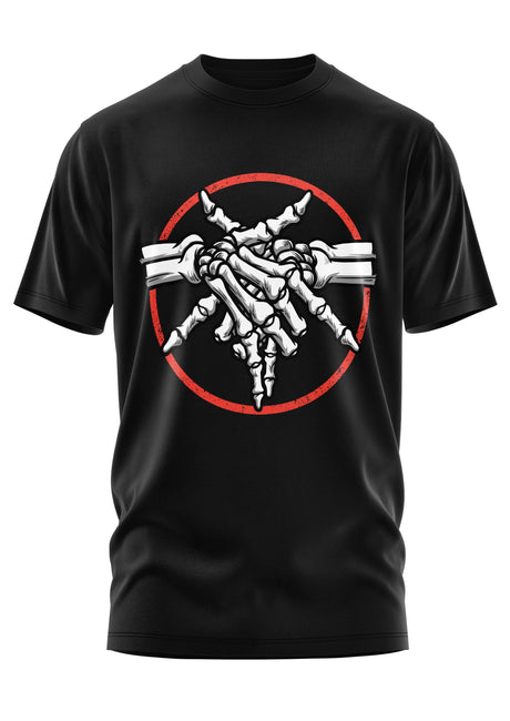 Schwarzes Kurzarm-T-Shirt mit einer Skelett-Hand-Grafik