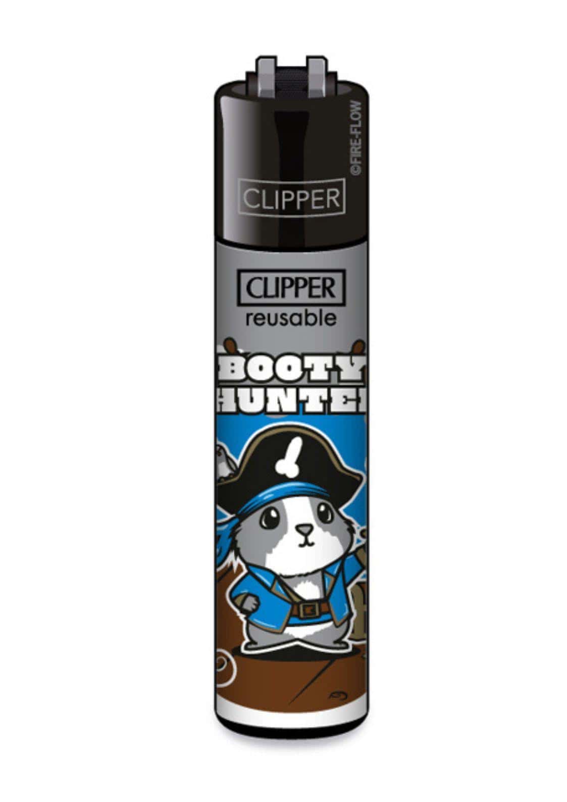 Booty hunter clipper lighter in black and silver with cartoon pirate hamster and blue accents for everyday use